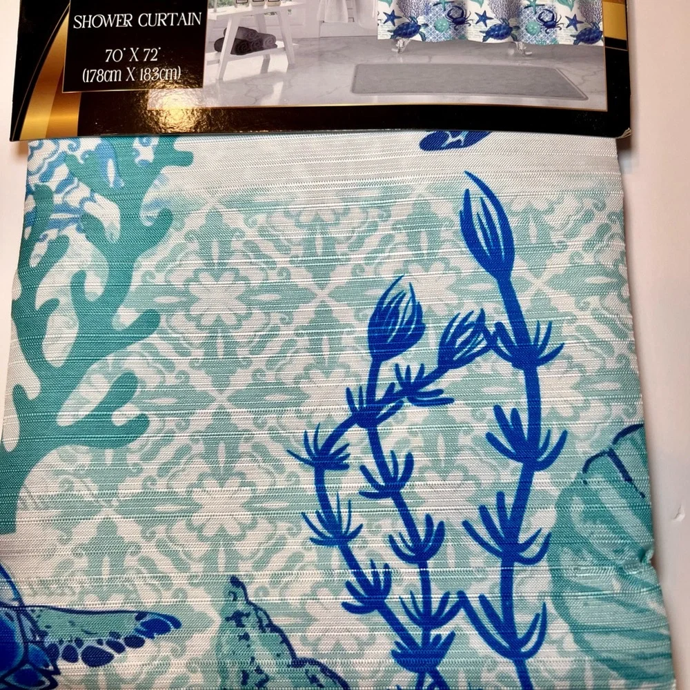 Blue Cora Ocean Fabric Shower Curtain Turtles Crab Starfish Shells Corral Plants